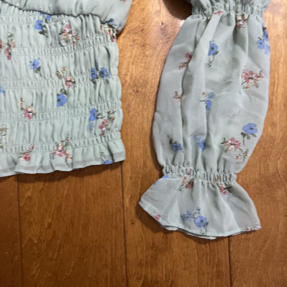 SO Mint Floral Ruched Crop Top Size L Green Cottagecore Puff Sleeve Fairy - Picture 5 of 13
